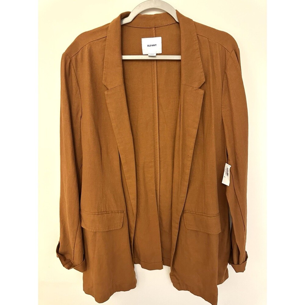 Old Navy Linen Open Front Blazer Size XL 2 Pockets Burnt Ginger Rust Unlined